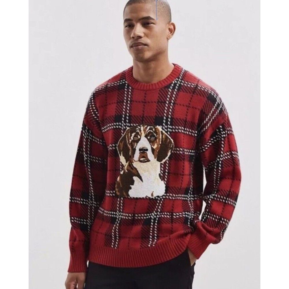 Urban Outfitters Plaid Christmas Sweater Beagle Dog Holiday Tartan Size Small